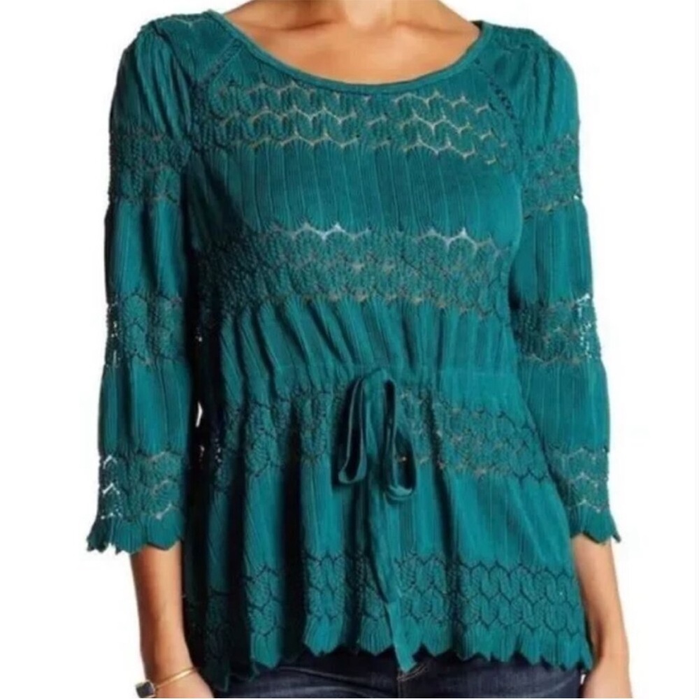 Free People Fire Island Knit Green 3/4 Sleeve Blouse